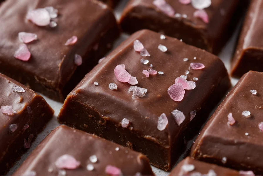 Close-up of dark chocolate squares with visible pink salt crystals sprinkled on surface