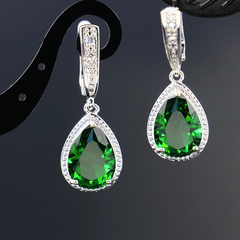 

Classic 925 Sterling Silver Fashion Women White Gold Plated Earrings Ring Necklace Water Drop Pendant Jewelry Set, Picture shows