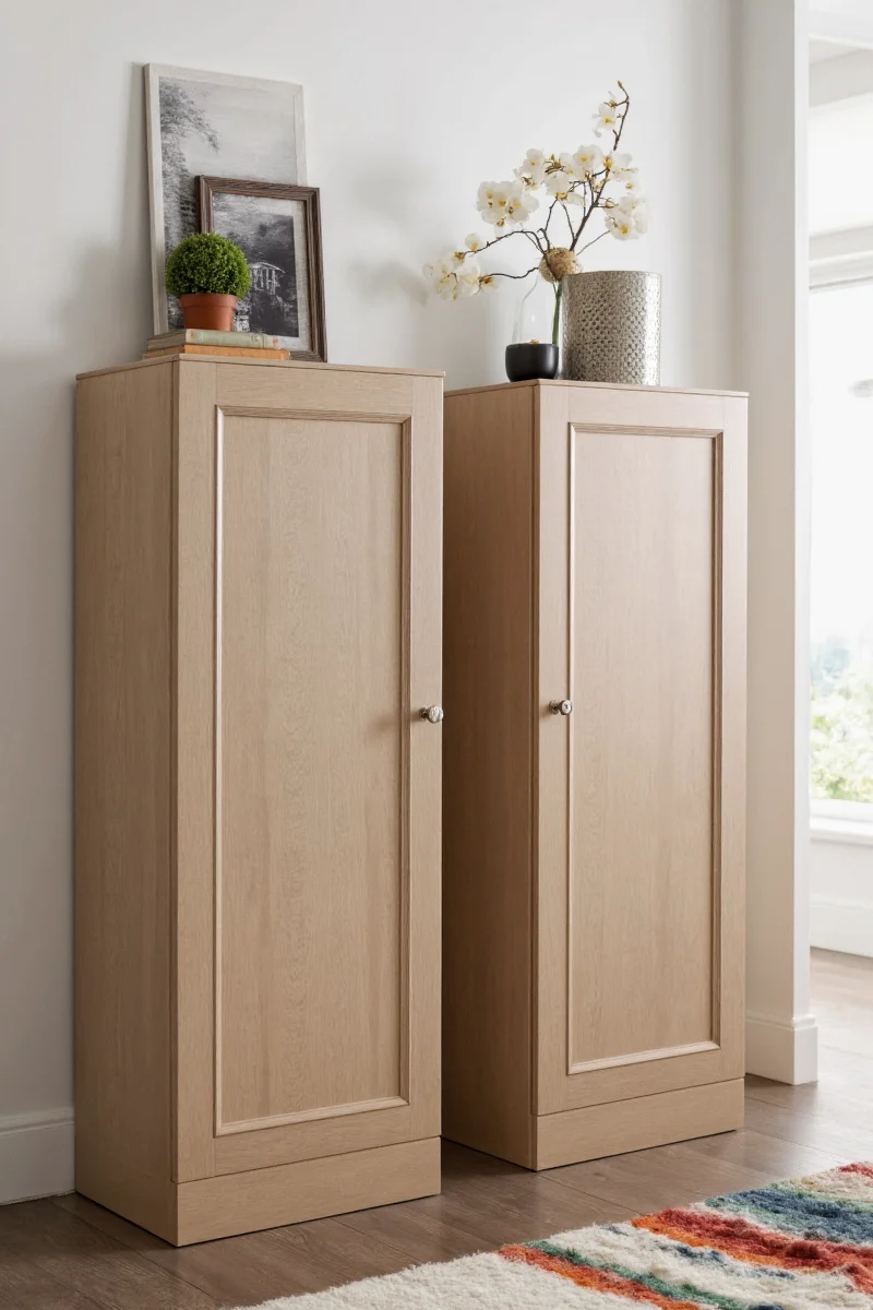 Narrow cabinet placed behind a sofa, doubling as a console and toy storage.