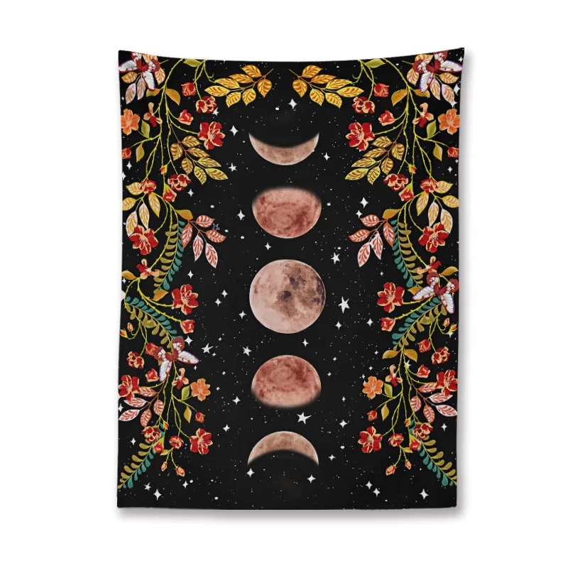 

Moonlit Garden Tapestry Moon Phase Surrounded by Plants and Flowers Black