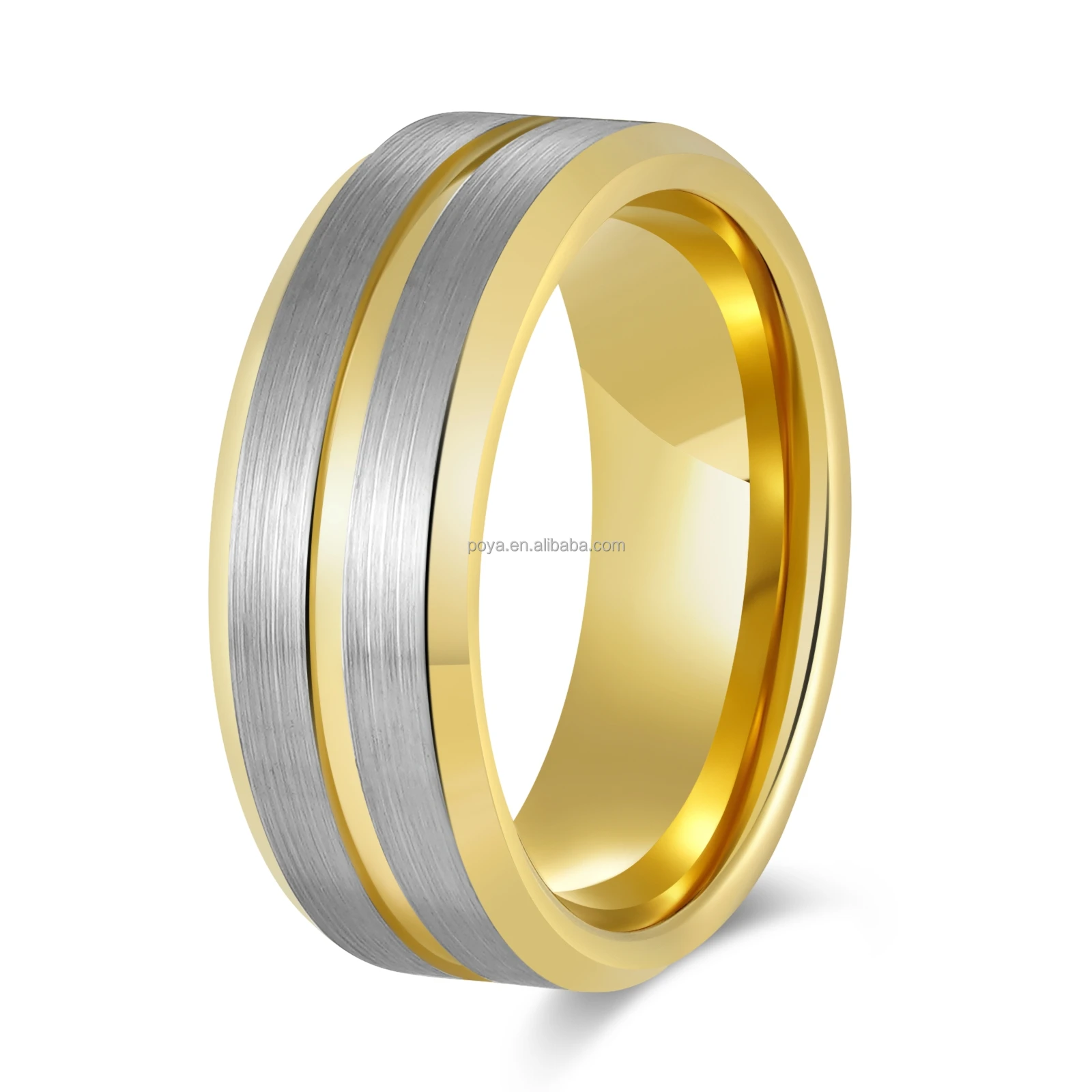POYA Unisex Trendy Tungsten Ring Plated Gold Beveled Edges Silver Engagement Rings for Wedding Gift Stylish Vintage Design