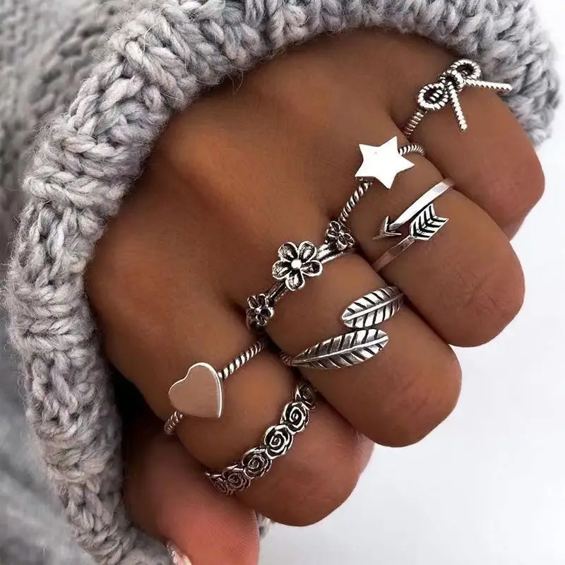 

7 Pcs/set gothic flower heart star knuckle rings for women jewelry stainless steel party rings, Silver plated