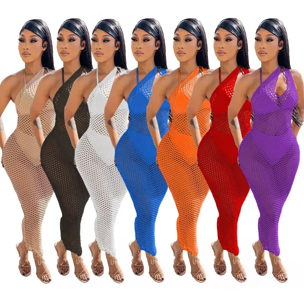 

2022 Trending Summer One Shoulder Long Dress Sexy Girls' Clothing Hollow Out Cover Up Crochet Beach Dresses Women Beach Wear