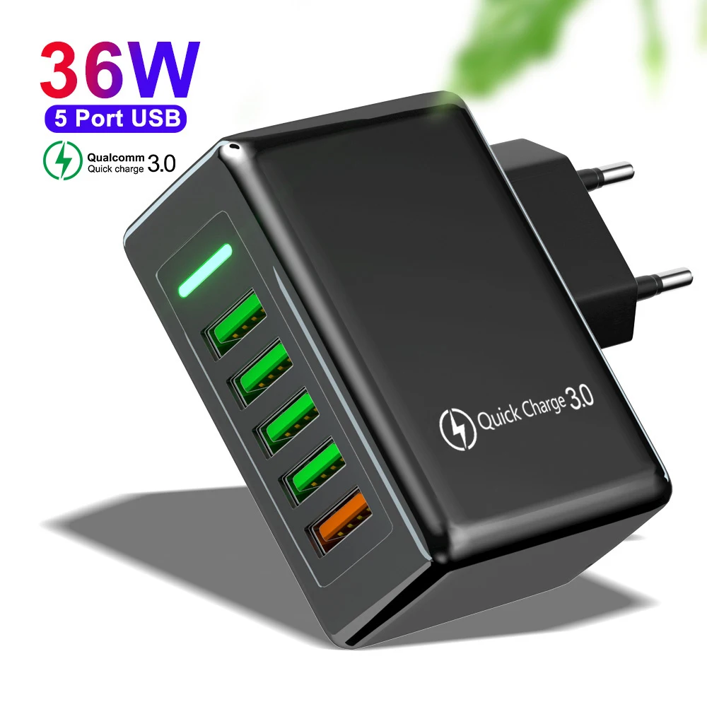 

DHL Free Shipping 1 Sample OK 5 Ports Multi USB Charger 36W QC3.0 Fast Charger Travel Adapter US EU Wall Charger
