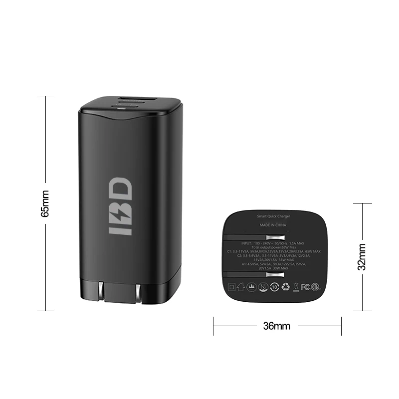 

2021 Hotsale PC fire proof V0 Wall Charger 3 Port 65W Big Power Fast Charging GaN Macbook Wall Charger, White, black