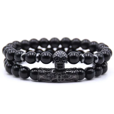 

8mm Polished Stone Beads Skeleton CZ Charm Bracelet Set 2pcs/set Black Natural Stone Skull Head Bracelet