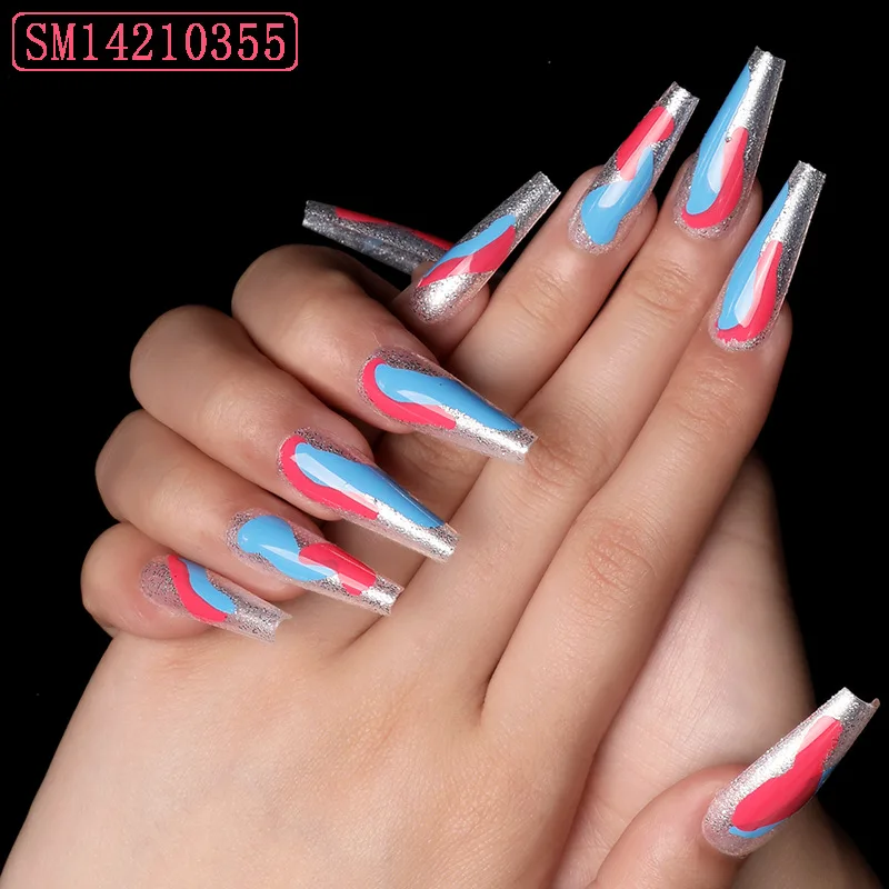 

NA-123 Long Coffin False Nails Ombre Press On Nails Packaging Jewelry Nail Design With Glitter Full Cover Ballerina Fakenail, Mix color