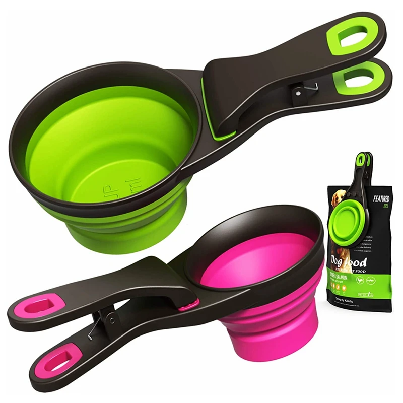 

Collapsible Pet Scoop Silicone Measuring Cups Set Sealing Clip 3 in 1 Multi-Function Scoop Bowls Bag Clip for Dog Cat Food Water, Multi colors