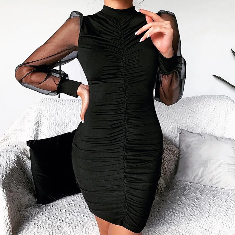 

2020 new arrivals spring fashion mesh long sleeve pleats design women causal dresses