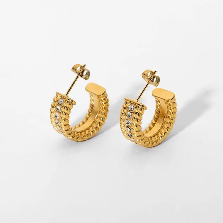 

18k PVD Gold Plated C Shaped Diamond Hoop Earrings Twisted Stainless Steel Circle Huggie Earrings For Women
