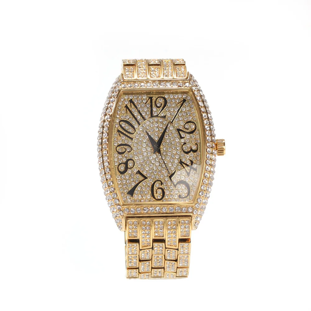 

New Hip Hop Luxury Quartz Wrist Waterproof Watches AAA CZ Stone Bling Iced Out Stainless Steel Watch Band for Men Charm Jewelry, Sliver gold black