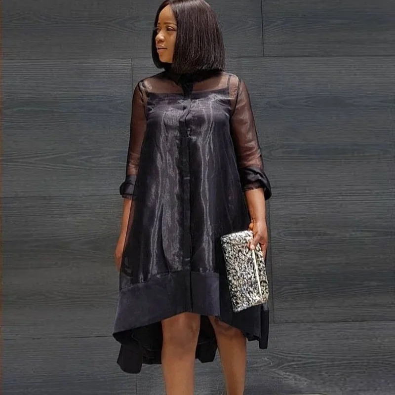 

KEN-AM210130 factory direct wholesale black mesh shirt dress elegant formal