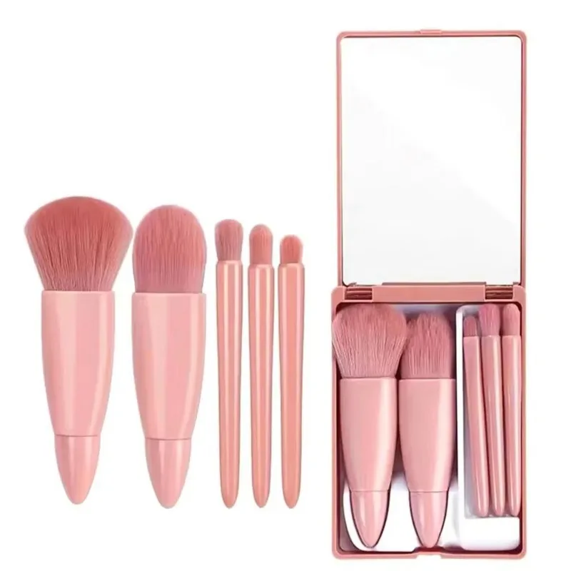 5pcs Portable Makeup Brushes Set with Mirror Travel Mini Cosmetic Brush for Foundation Powder Lip Eyeshadow Kabuki Make up Tools
