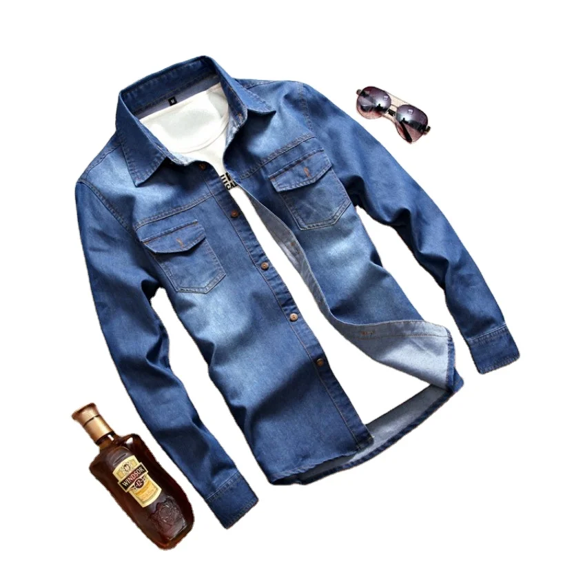 

New spring and autumn washed denim shirt in pure color men's casual fashion jacket with long sleeves