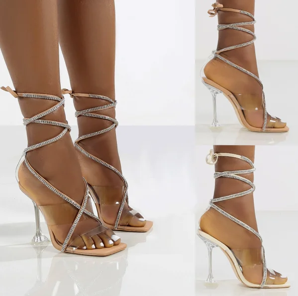 

New heels2021 black and white high heels thin heel sandals large TPU Diamond Fashion Women's wedding dress photo