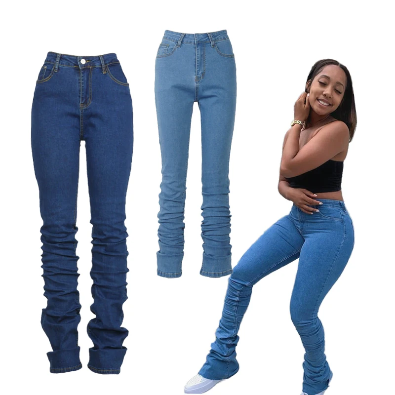 

Amazon Hot Sale New Deisgn High Waisted Casual Fashion Solid Color Long Stacked Pants Jeans Denim Women