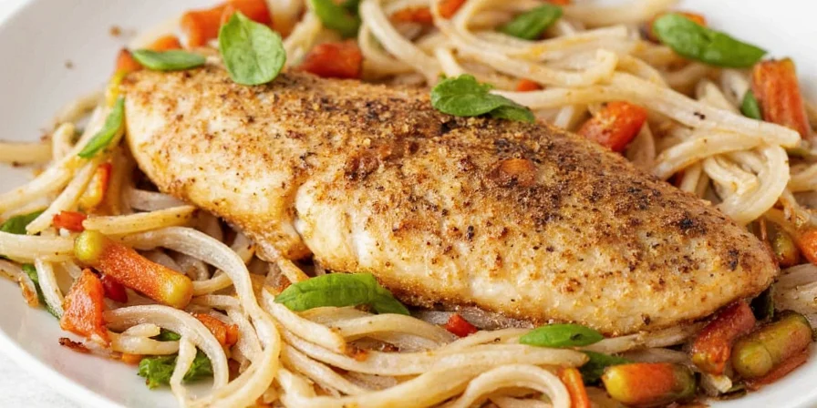 A colorful table spread featuring tilapia and different side dishes with spice labels