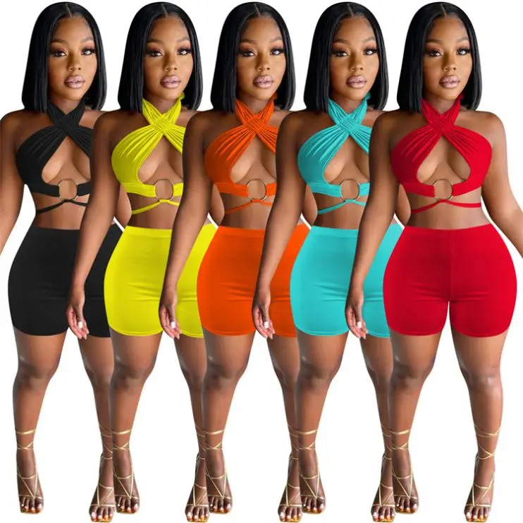 

MOEN Latest Design Sexy Crop Top Pure Color 2 Piece Shorts Set Women Summer Sets For Women Clothing