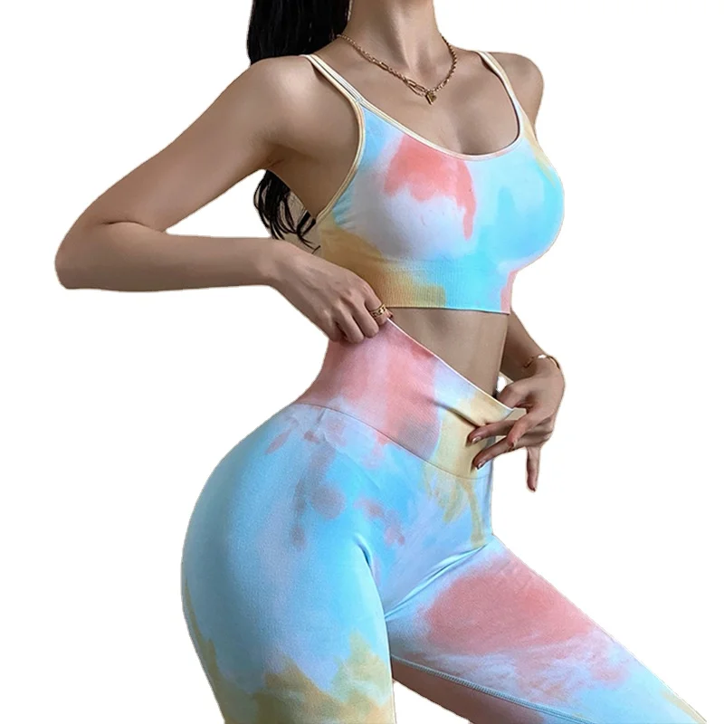 

Wholesale tie-dye shockproof bra seamless but lifter fashion breathable sports yoga pants tie-dye yoga clothes two-piece set