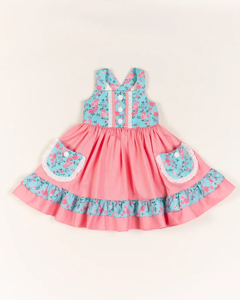 

2022 wholesale boutique prettiest pink with floral pockets baby girl dresses, Picture shows