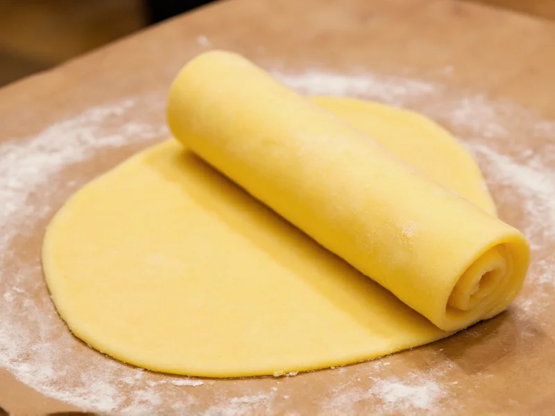 Fresh pasta dough rolled into thin sheet on wooden surface