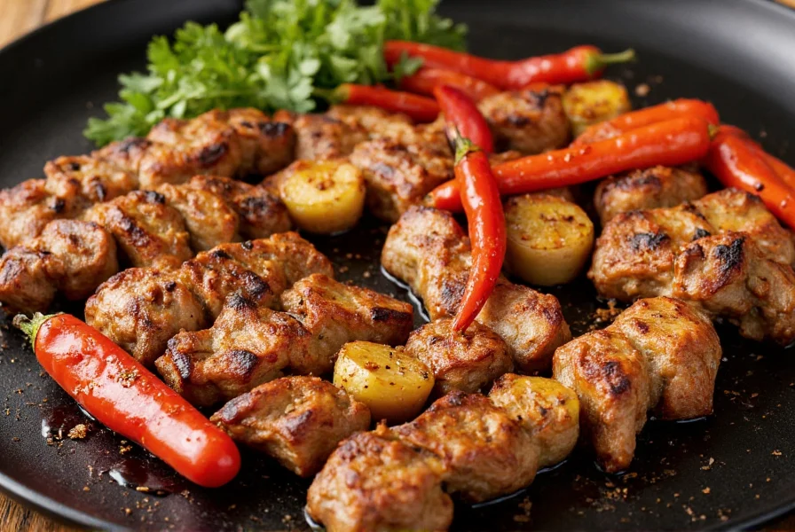 Turkish dish featuring Urfa chili pepper sprinkled over grilled meats and vegetables
