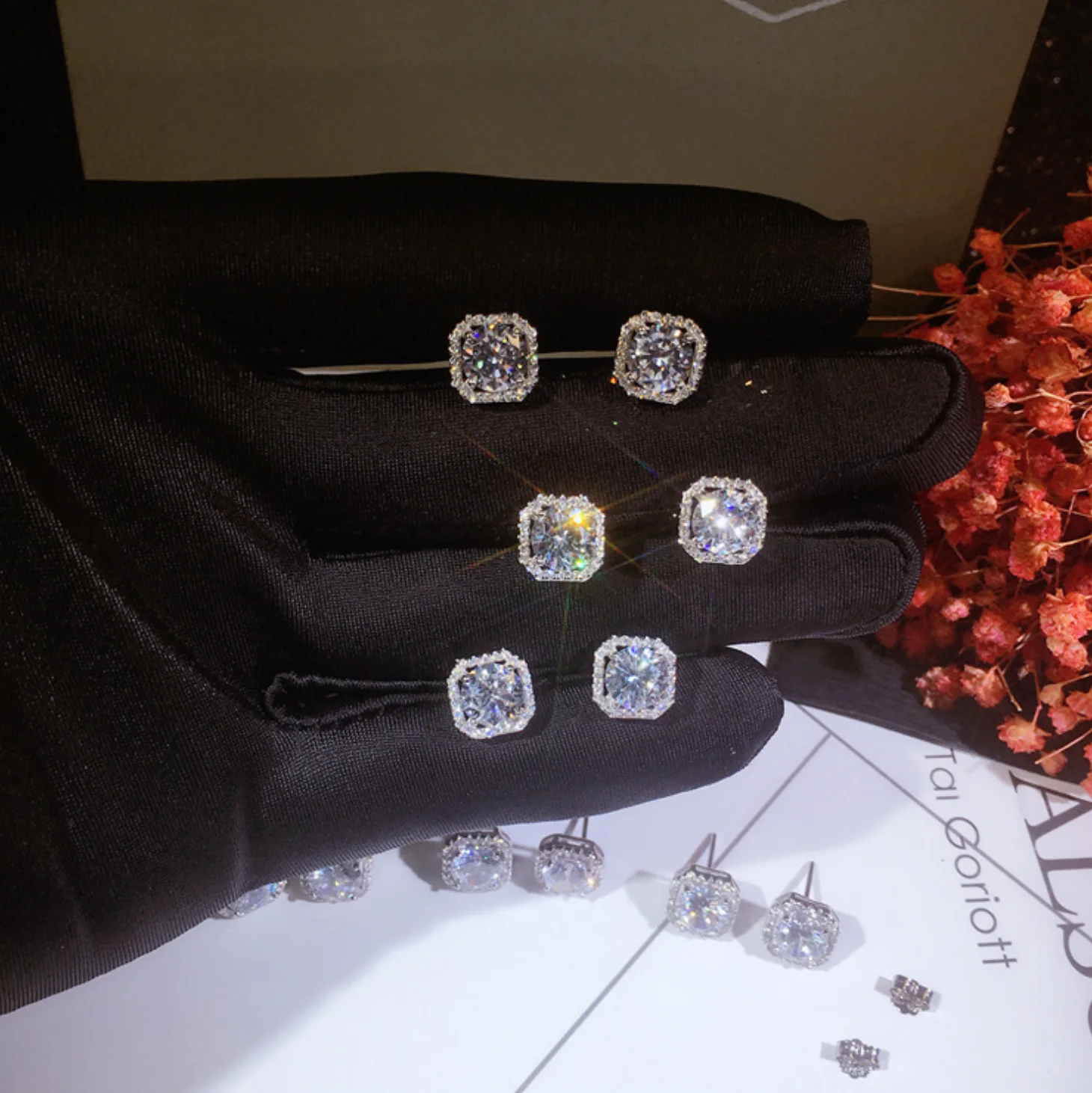 

S925 Iced Out Baguette Silver CZ Stud Earrings Square Zirconia Earring Women Bling Jewelry
