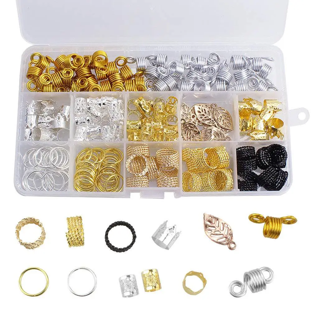 

200PCS Hair Rings Tubes Beads Silver Gold Metal Hair Cuffs Dreadlocks Jewelry Accessories Kit for Braids Dreads with Box