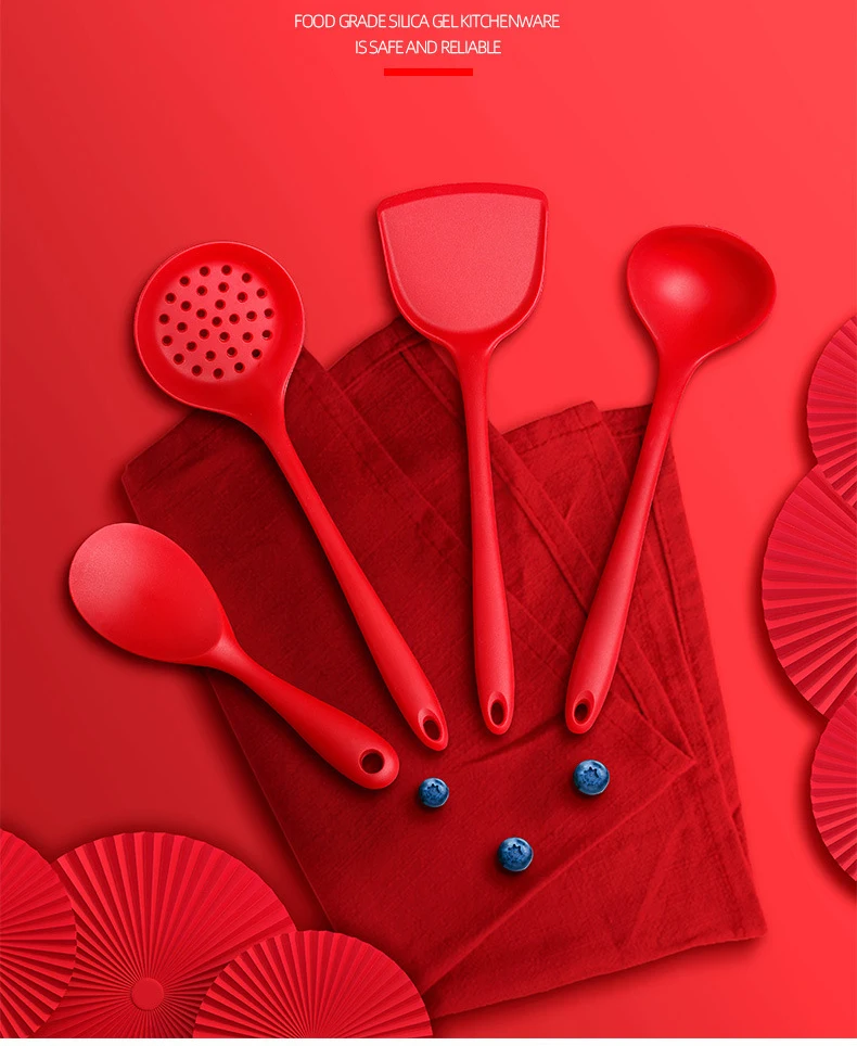 

Silicone Kitchen Utensils 4 Sets Cooking Silicone Spoon Shovel Kitchen Utensils Set, Wood green pink