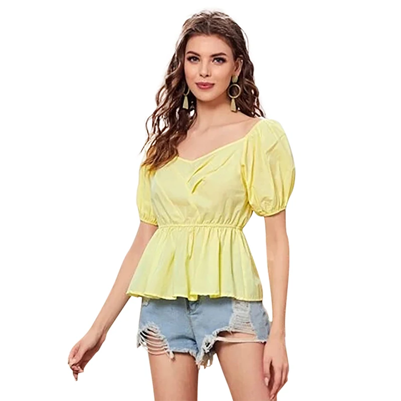

Hot sale daily garment solid color women's clothing light yellow summer casual v-neck blouse cotton short puff sleeve shirt top, Customized