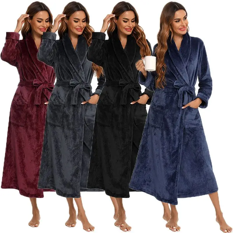 

Winter pajamas women long-sleeved comfortable flannel thick robe cardigan women's and men's nightgown couples luxury pajamas set, Red,gary,black