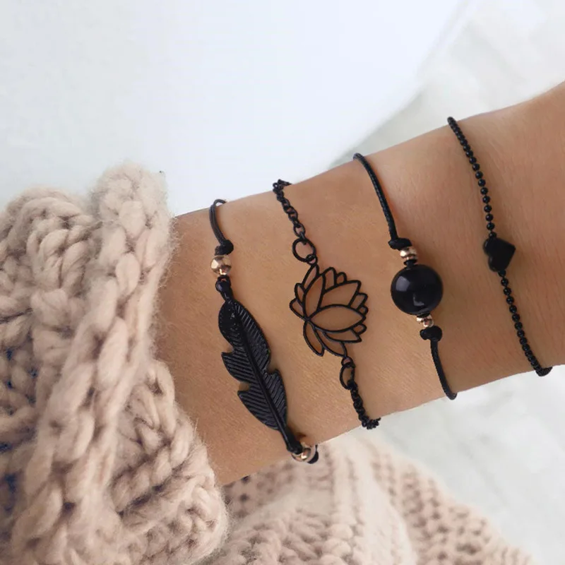 

2021 Bohemia Bangles Leaf Knot Hand Cuff Chain Charm Bracelet Love Leaves 4 PCs Set Women Bracelet, As the picture