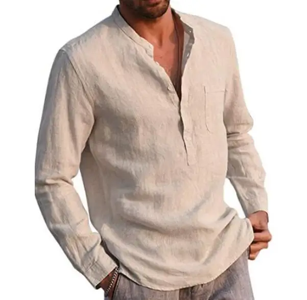 Hot Selling Men's Long Sleeved V-neck Blouse Top Casual Solid Color Beach Cotton Linen Shirts