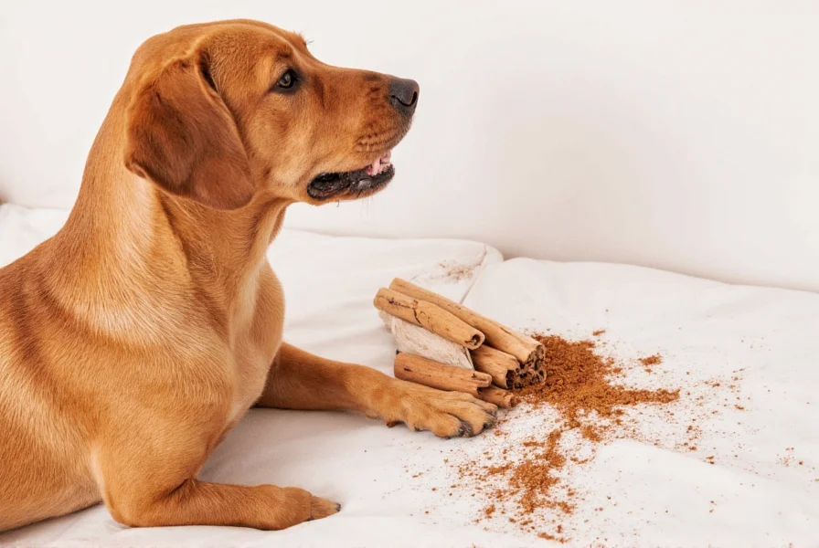 Golden Retriever sniffing cinnamon powder on kitchen counter with measuring spoon