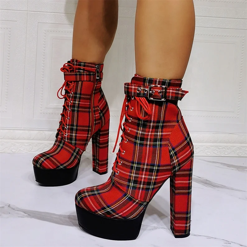 

Ladies Winter Platform Plaid Round Toe Chunky Heel Booties Classic Design Lace Up Zipper Block Heels Shoes Women Handmade, Red