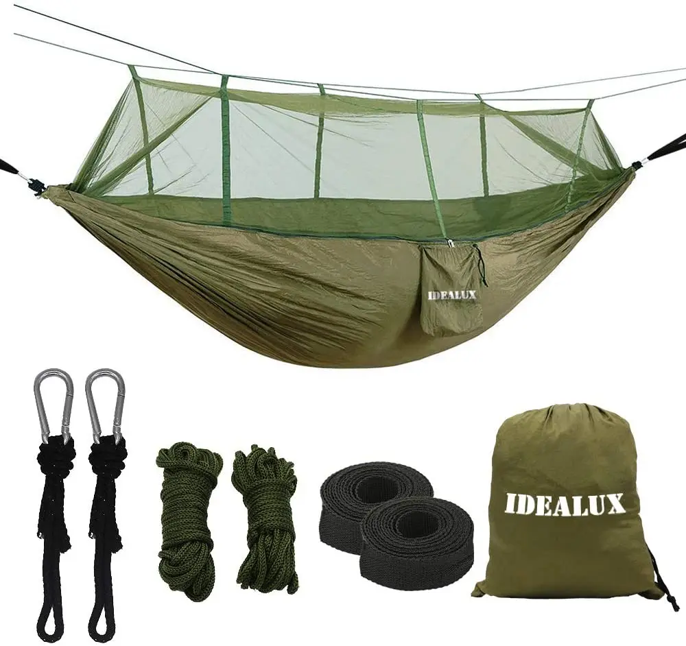 For WOQI Portable Pink Nylon Swing Parachute Hammock with Mosquito Net and Rain Fly for Camping and Hiking