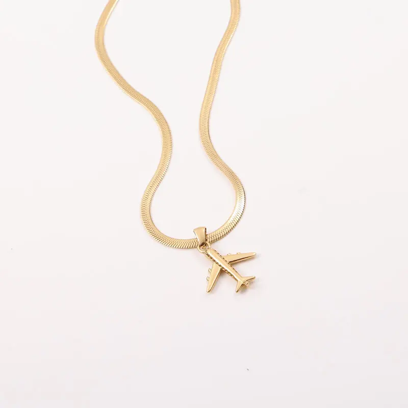 JOOLIM Ready To Ship High End Stainless Steel Band Herringbone Chain 18k Gold Plated Airplane Pendant Necklace