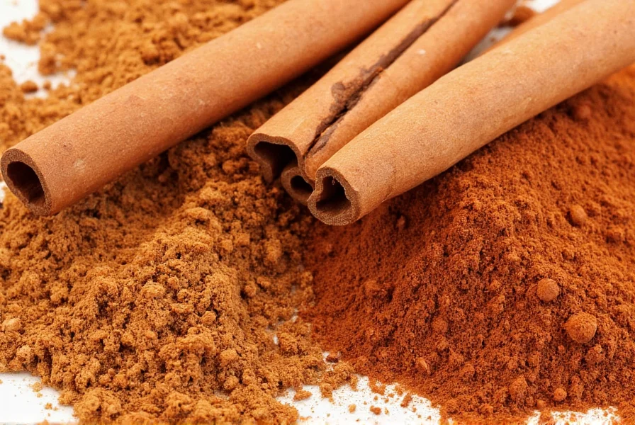 Close-up of cinnamon sticks and ground cinnamon showing reddish-brown color variation between Ceylon and Cassia varieties