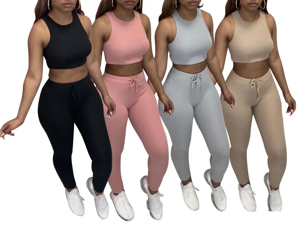 

H6421 - Women Fashion Sleeveless Knitted Crop Top And Pants Set