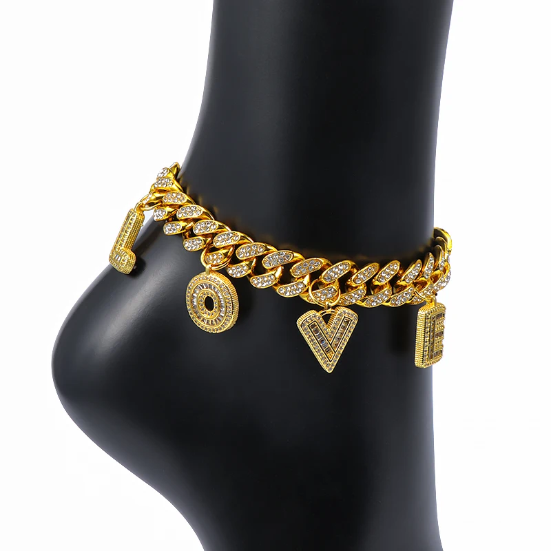 

2021 New Arrival Hip Hop Custom Gold Plating Cuban Chain Initial Letter Ankle Bracelet Anklets
