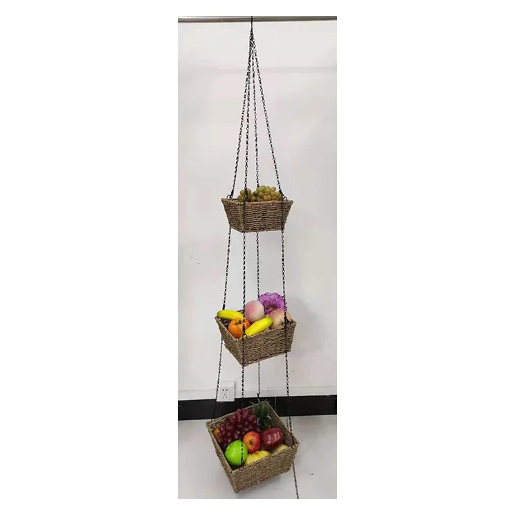 

home garden fence woven plant flower on wall seagrass 3 tier hanging fruit basket with hook