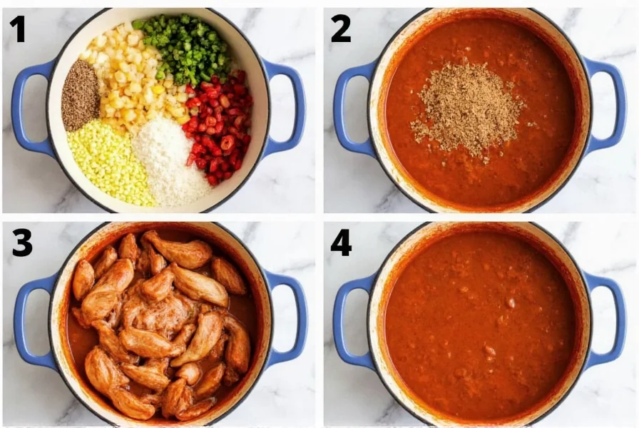 Step-by-step preparation of chicken chili showing ingredients in bowls and cooking process