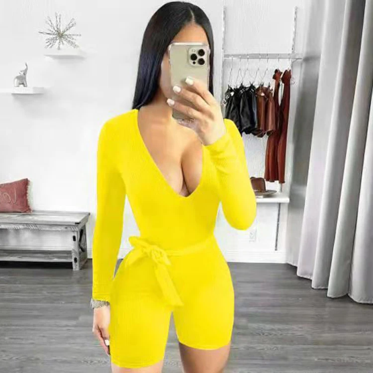 

Ready to Ship New Womans Apparel Sexy One Piece Bodycon Longsleeve V Neck Romper Women Tight Fitted Rompers, Yellow,black