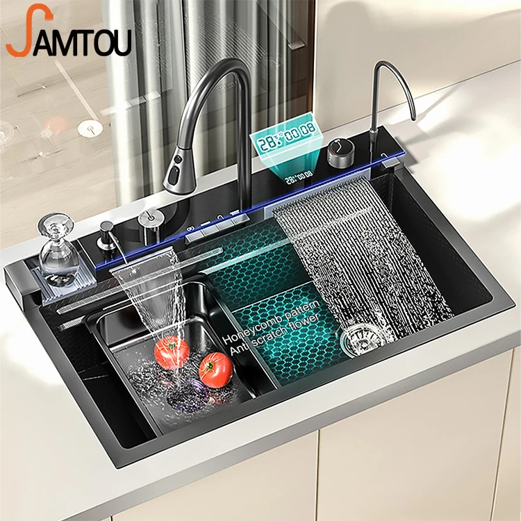Cheap Digital Smart Waterfall Faucet 304 Stainless Steel Multifunction Large Single Bowl Wash Basin Modern Kitchen Sink