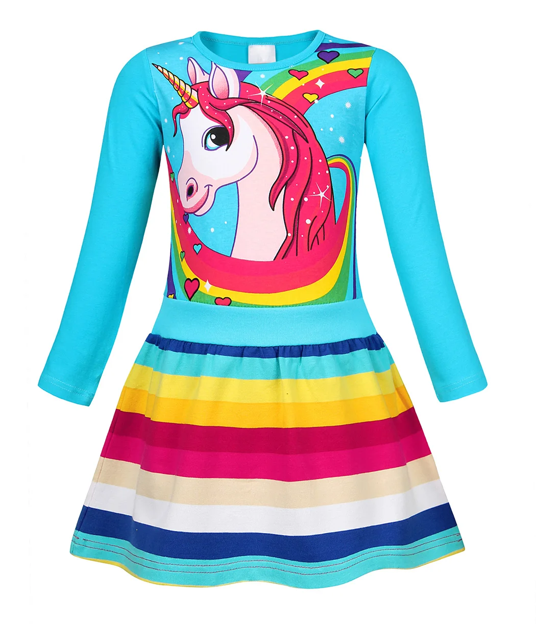 

Rainbow Striped Children Clothes Kids Dresses for Girls Print Wholesale Spring Summer Skirt Long Sleeve Cotton Regular Sleeve