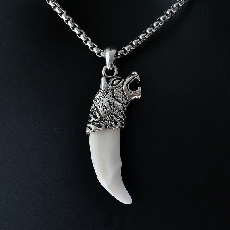 New 1X Original Tooth Bone Tibet Silver Wolf Head Amulet Pendant Necklace Free 