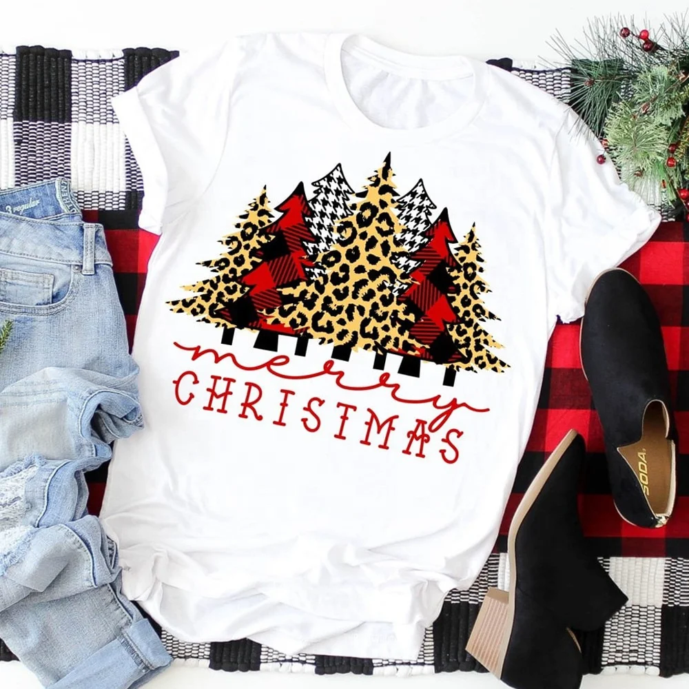 

Christmas tree printed T-shirt with round neck and short sleeves