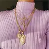 Fashion Metal Chain Pendant Necklace for Women Vintage Heart Cross Coin Lock Collar Multilayer Gold Necklace Boho Choker Jewelry