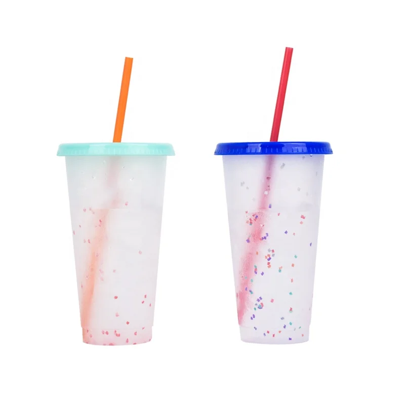 

Reusable Popular Big Bathroom Products Confetti Color Change Cups Clear 16Oz 24Oz Stackablemagic Plastic Mug Tumbler With Lid, 5 color or customized