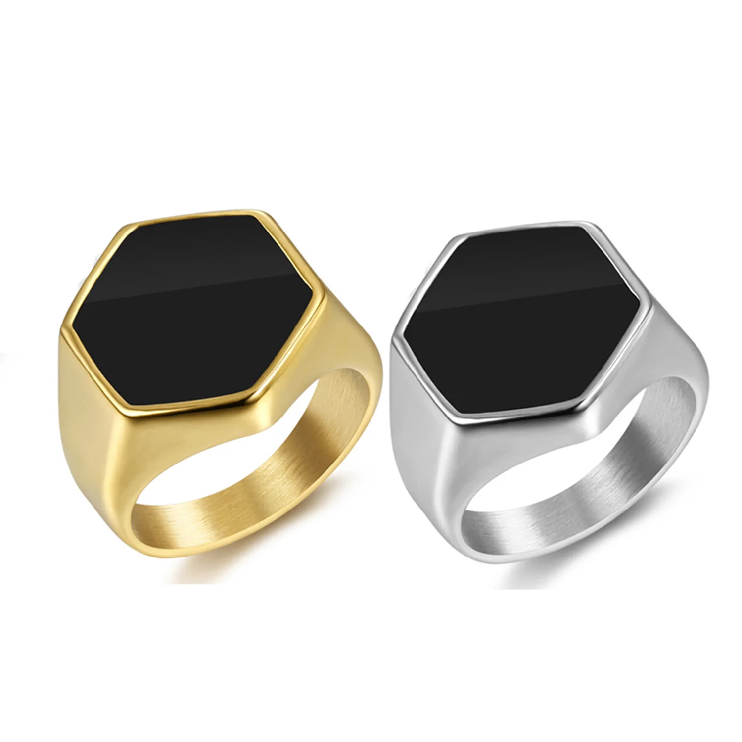 

Hip Hop 18K Gold Silver Hexagon Signet Ring Stainless Steel Black Enamel Square Stone Finger Rings for Women Men